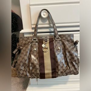 GUCCI Crystal Brown Monogram Web Striped Crystal Canvas Bag